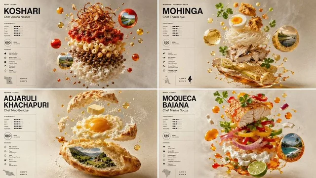 2x2 grid, 16:9, do this for lesser known highly underrated international foods canvas: "Vertical Fine Art Menu Poster" m