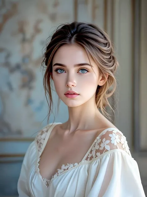 Ultra-realistic close-up portrait of a beautiful young woman, delicate facial features, mesmerizing light blue eyes, fla