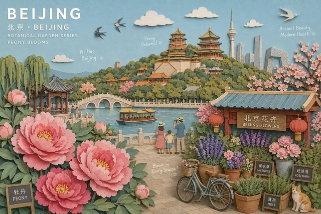Create a museum-quality handcrafted 3D paper-collage botanical travel poster of [City Location], [Country], reimagined a