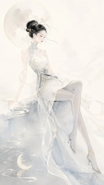 A sophisticated oriental fashion illustration featuring a slender muse in a flowing, modern cheongsam-inspired gown with subtle ink wash details and.