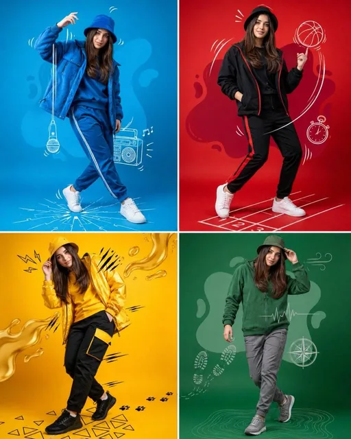 Create a high-end fashion advertising poster inspired by colorful sportswear campaigns. Full-body pose, standing confide