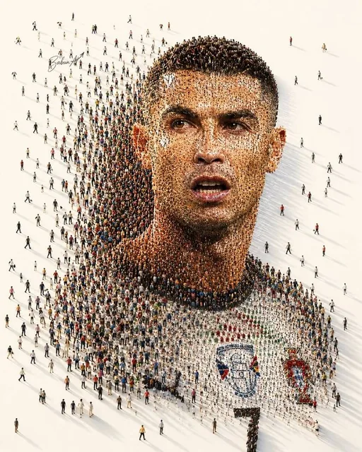 Ultra-detailed crowd mosaic portrait of a legendary football player, created entirely from thousands of tiny people stan