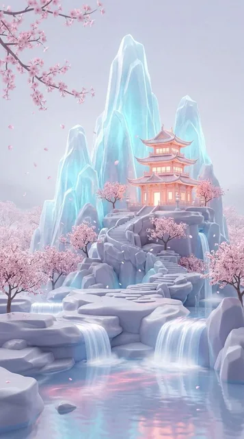 A dreamy pastel fantasy landscape in a vertical composition, showing a glowing East Asian pagoda-style temple perched ha