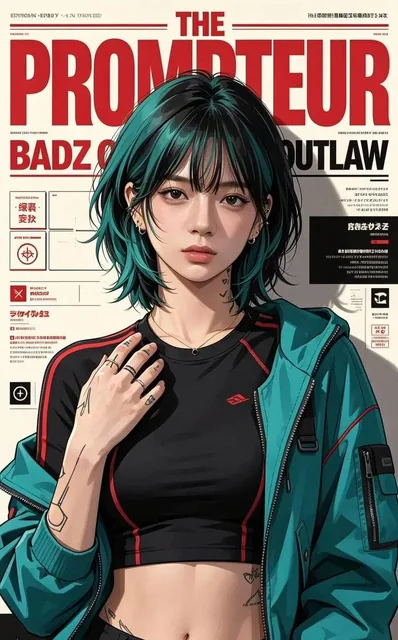 Ultra-detailed anime/editorial magazine cover illustration of a stylish cyberpunk-inspired young woman with short layere
