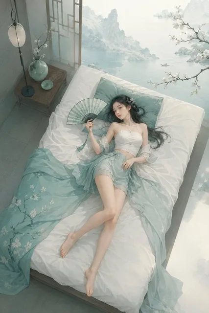 极简东方禅意半写实插画，主体为[主体]，青绿颜色体系，较强饱和对比，画面空灵静谧，大面积留白，带轻雾感、静止空气感和朦胧远景层次，可结合极简空间、湖面、远山、器物、枝条等东方意象。柔和漫射光，边缘干净柔和，整体安静、克制、清冷、诗意。若有人