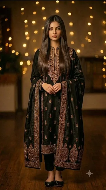 Full-length fashion editorial photography of a beautiful young South Asian woman with long, sleek, center-parted straigh