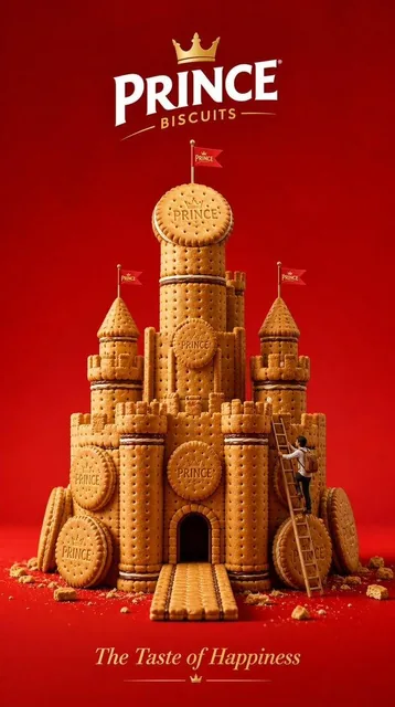 Design a minimalist luxury 3D advertising poster for Prince Biscuits.