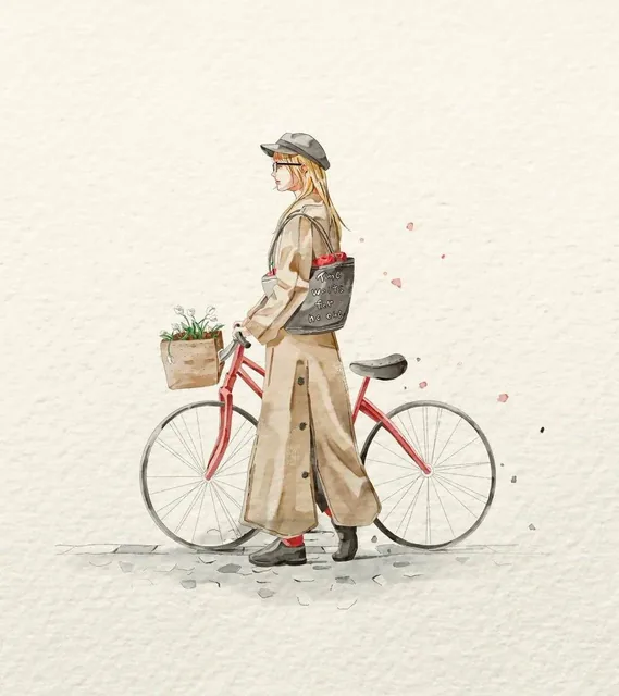 A delicate watercolor fashion illustration on textured off-white handmade paper. A young woman in side profile walking b