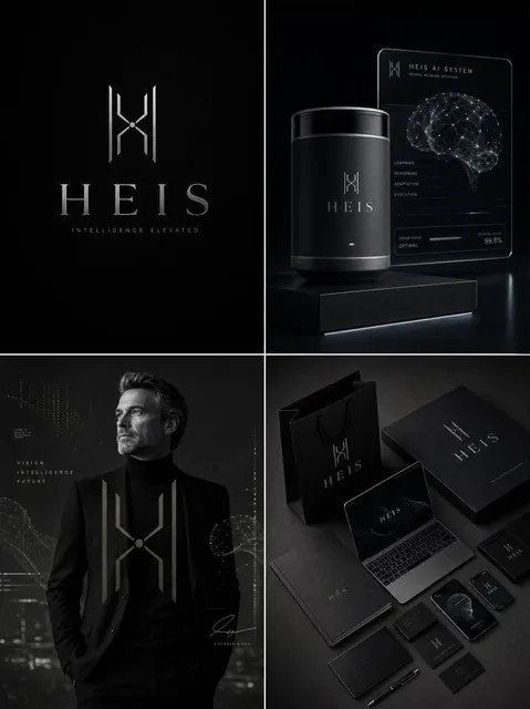 Luxury AI brand identity board for "[Brand Name]", ultra-premium artificial intelligence company branding, matte black a