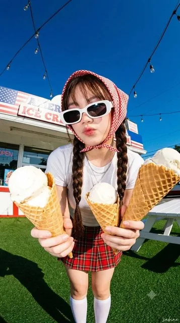 Ultra realistic Y2K summer fashion editorial, young woman wearing white fitted tank top, red plaid mini skirt, red gingh