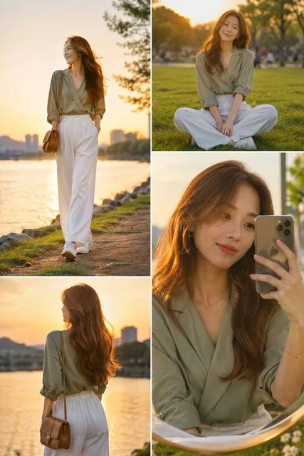 A high-fashion editorial collage of a stylish East Asian woman at a scenic park during a golden hour sunset, lifestyle a