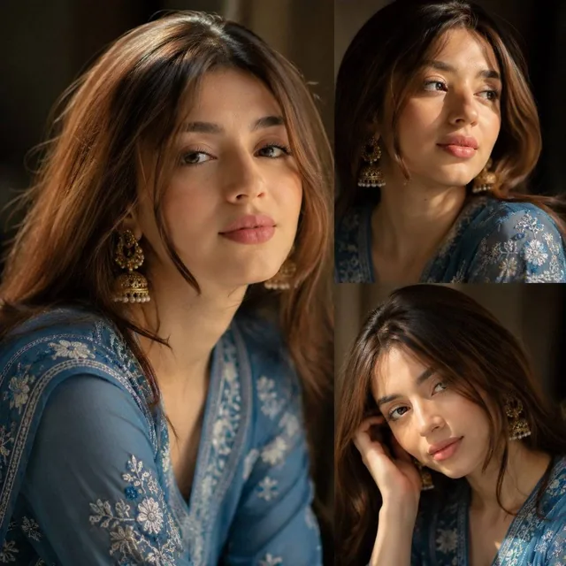 Ultra-realistic South Asian female portrait collage, three-photo layout, beautiful young woman with soft fair skin, long