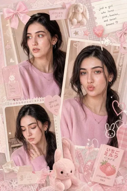 A dreamy multi-frame pastel pink aesthetic collage featuring a cute young girl with long silky black hair tied in a low