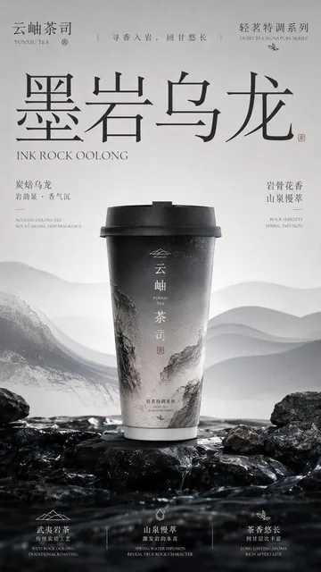 A vertical 9:16 poster showcasing a premium new Chinese tea brand's packaging, featuring exquisite design and elegant oriental aesthetics.