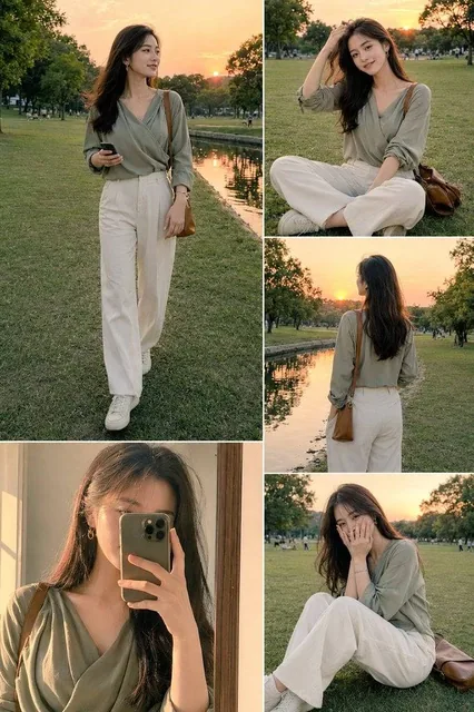 Ultra-realistic cinematic lifestyle fashion collage of a beautiful young Asian woman in a wide green park at golden hour