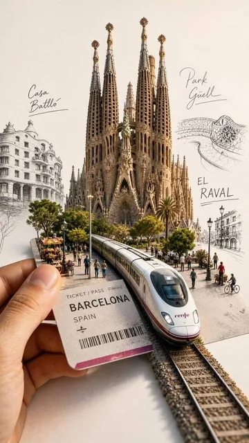 Forced perspective photography, human hand holding vintage travel ticket, miniature high-speed train emerging from ticke