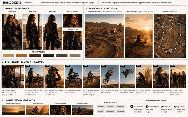 Storyboard sequence, 10 cinematic frames: A stylish young woman relaxes in a modern desert-view room while drinking from