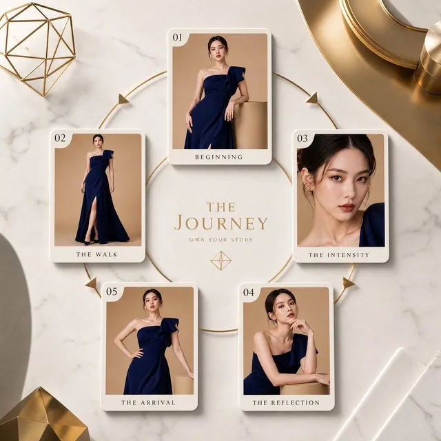 Top-down futuristic editorial composition featuring a circular arrangement of photo cards forming a timeline ring, inste