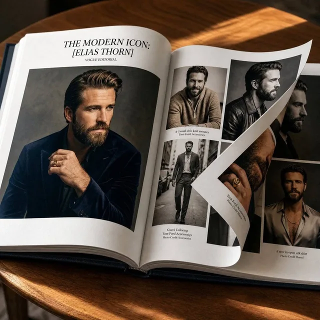 Photorealistic luxury coffee-table book opened across two pages, displaying an artistic arrangement of editorial portrai