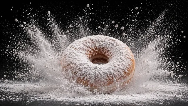 [Food Item] coated in [Powder Sugar Cocoa] being dropped or tapped, causing a cloud of fine particles to explode outward