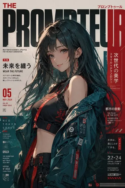 Ultra-premium Neo Tokyo fashion magazine cover, editorial anime realism, 8K, 2:3 vertical.