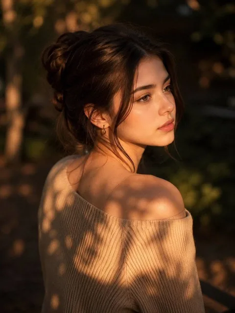 Edit foto wanita tersebut menjadi potret High Angle Sinematik dari seorang wanita muda yang cantik dari sudut pandang be