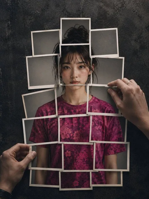 Hyperrealistic 8K photograph of a human figure composed of instant photographic prints layered on a dark, distressed, sl
