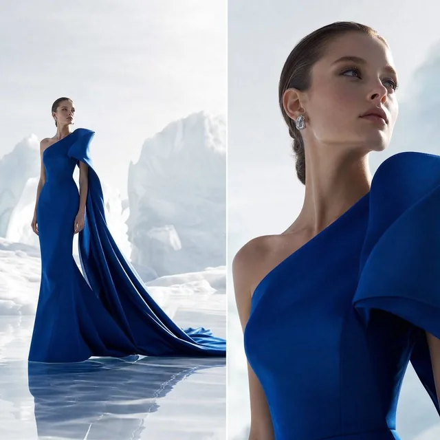 Two-panel fashion editorial split with contrasting camera perspectives left panel wide-angle full-body shot, right panel