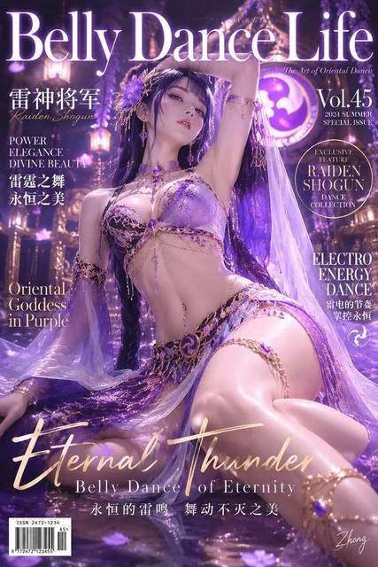 Photorealistic fashion magazine cover of Furina from Genshin Impact reimagined as a high-end belly dancer, showcasing intricate costume and captivating pose.