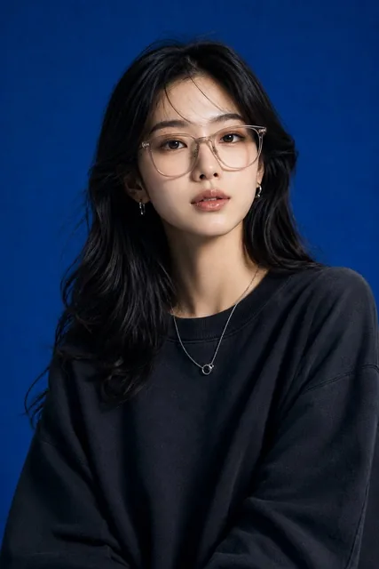 Create image Create a high-end studio fashion portrait inspired by the uploaded blue-background reference photograph. Re