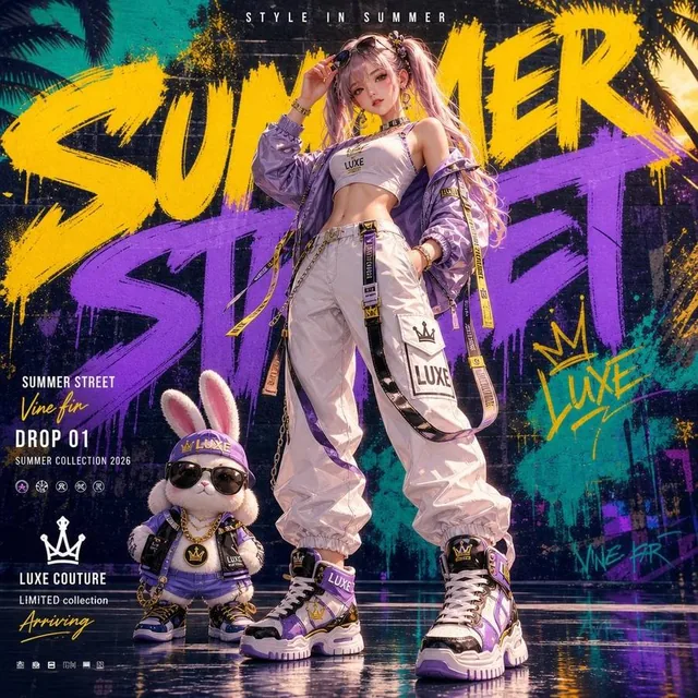 Generate a vertical 4:5 high-end streetwear fashion poster featuring a "luxury summer streetwear ad" / "anime-realistic