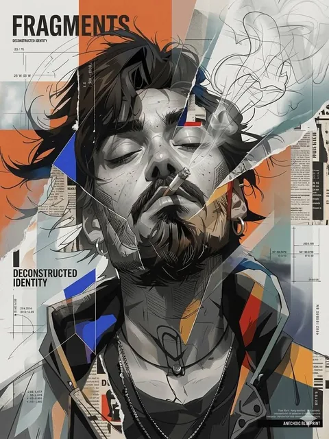 Ultra-detailed futuristic editorial mixed-media portrait blending hyper-realistic digital collage aesthetics with precis