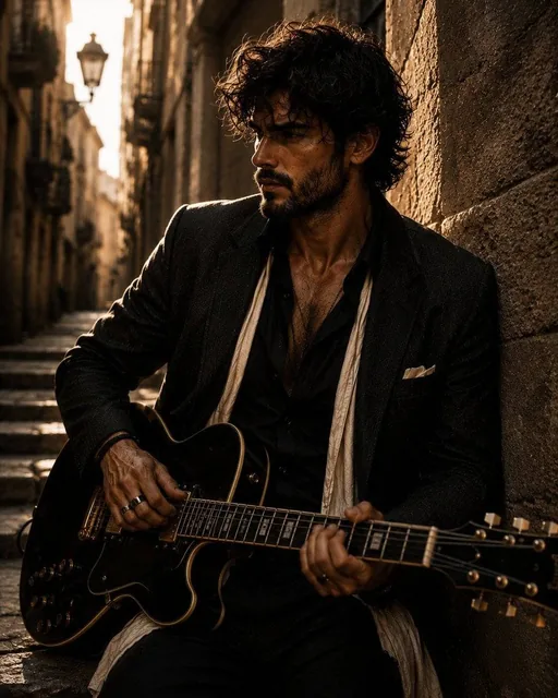 Create a hyper-realistic cinematic portrait of an intense, stylish man with a guitar in hand, inspired by luxury fashion