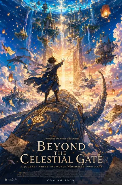 A breathtaking anime fantasy movie poster in portrait format. A young girl in a flowing ivory cloak stands atop the shat