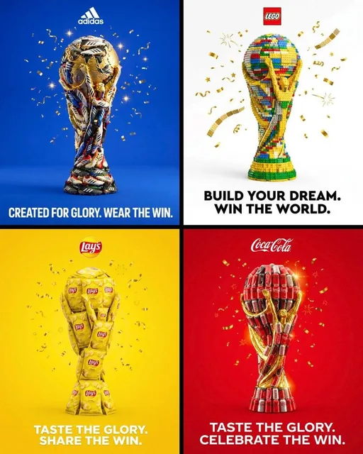 A professional 4:5 aspect ratio advertisement where multiple brand products are arranged to form the iconic FIFA World Cup trophy shape, set against a vibrant brand-colored backgro