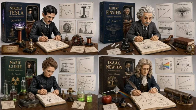 2x2 grid, 16:9, do this for Tesla and 3 other famous scientists Input: Nikola Tesla: Anchor: A 3D diorama of the actual