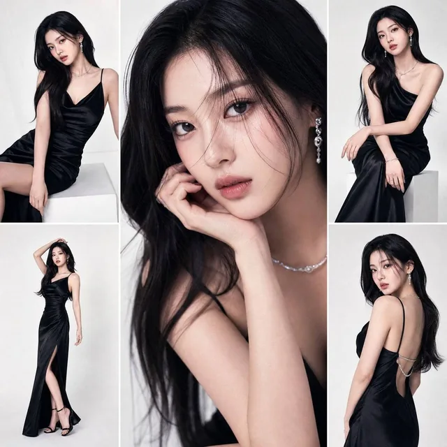 A high-fashion studio editorial featuring a K-pop idol in a multi-panel clean grid. One bold central close-up, surrounde
