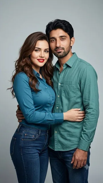 A stylish young couple posing together in a professional studio photoshoot, standing close and embracing each other, con