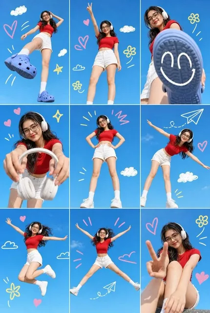 A 3x3 grid collage containing nine separate photos of a single young Asian woman From the uploaded image with a light sk