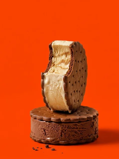 "A studio food still-life of two chocolate ice-cream sandwiches stacked: a whole sandwich lying flat as a base, topped b