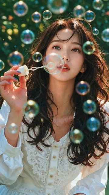 Ultra-realistic cinematic portrait of a beautiful young East Asian woman outdoors in a lush green garden, blowing soap b