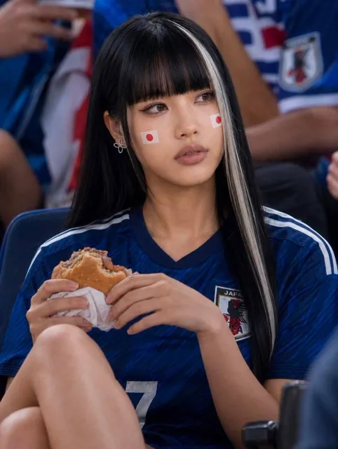 Ultra-realistic portrait of a stylish young woman at a packed football stadium, wearing a blue Japan national team socce