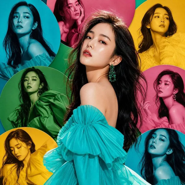 High-fashion vertical editorial artwork featuring an elegant Korean woman with flawless luminous skin, soft natural make