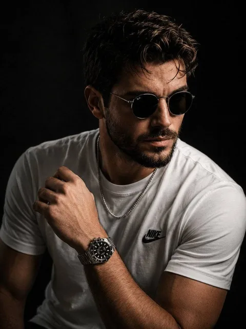 Ultra-realistic luxury male portrait, inspired by a fusion of modern fashion editorials and cinematic photography. Hands