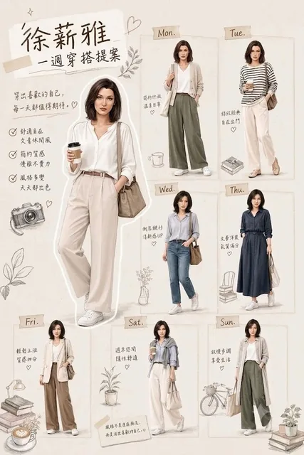 Create a stylish weekly outfit guide poster in a warm scrapbook-style editorial layout. Feature Bella Hadid as the model