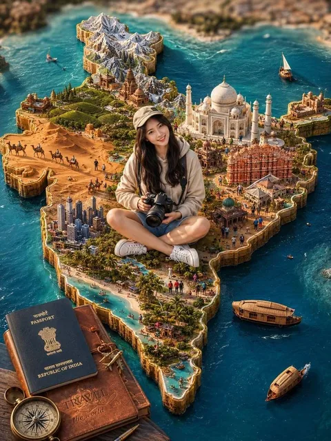Highly detailed 3D miniature travel diorama of India shaped as a realistic raised map floating in crystal-clear turquois