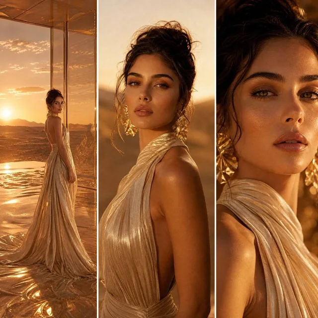 A three-panel high-fashion editorial spread set in a glowing sunset desert-glass luxury studio, with warm amber light, r