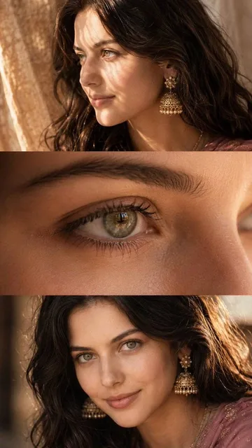 Luxurious cinematic feminine beauty collage in three elegant horizontal frames, editorial fashion photography, ultra-rea