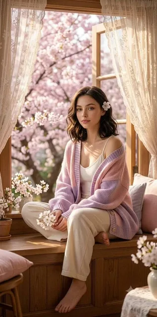 Ultra-realistic spring morning portrait of a beautiful young woman sitting barefoot on a wooden window seat beside a lar