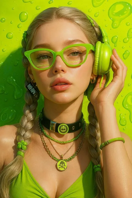 Ultra-realistic close-up fashion portrait of a young woman, centered composition, looking directly into the camera with